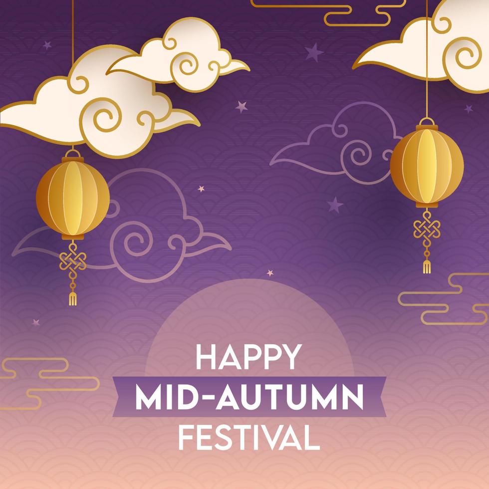 Happy Mid Autumn Festival Poster Design with Paper Cut Golden Chinese Lanterns Hang and Clouds on Purple Overlap Semi Circle Background. vector