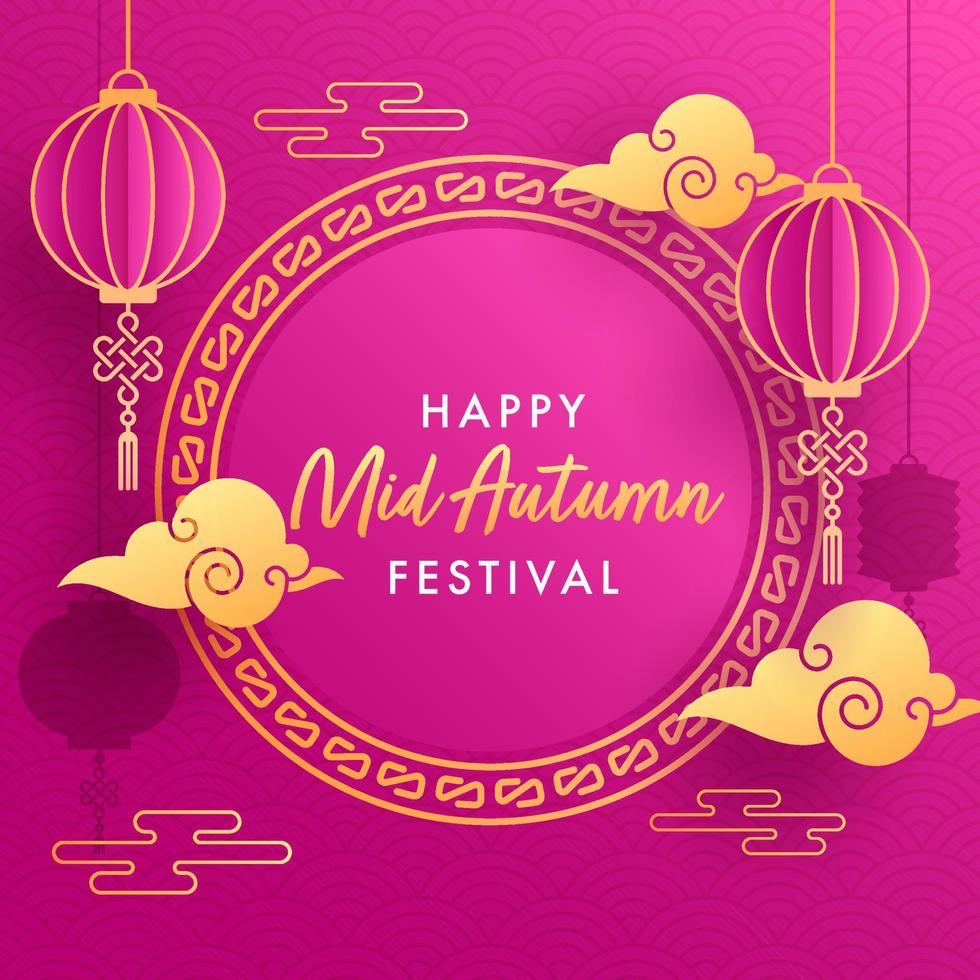 Paper Cut Chinese Lanterns Hang and Clouds Decorated on Pink Overlapping Semi Circle Background for Happy Mid Autumn Festival. vector