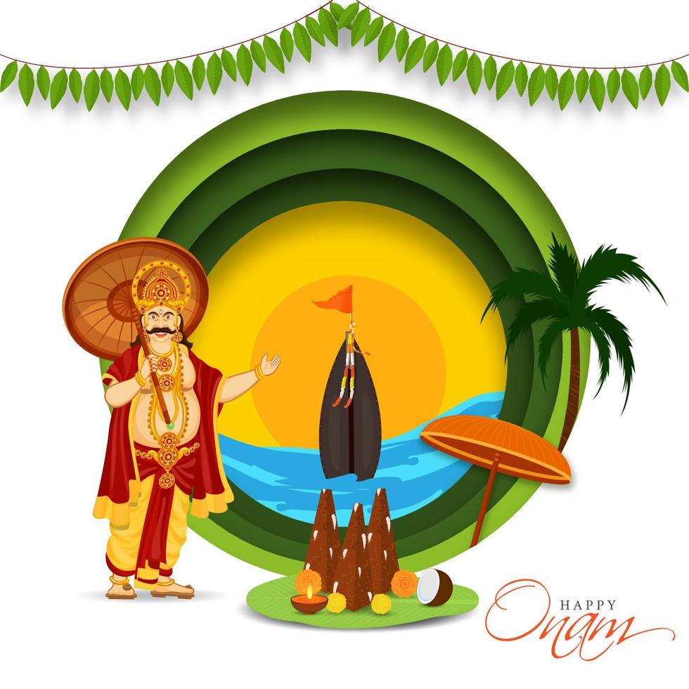 Cheerful King Mahabali with Thrikkakara Appan Idol Worship and Aranmula Boat on Paper Cut Circle Shape Sunrise or Sunset Sea Background. vector
