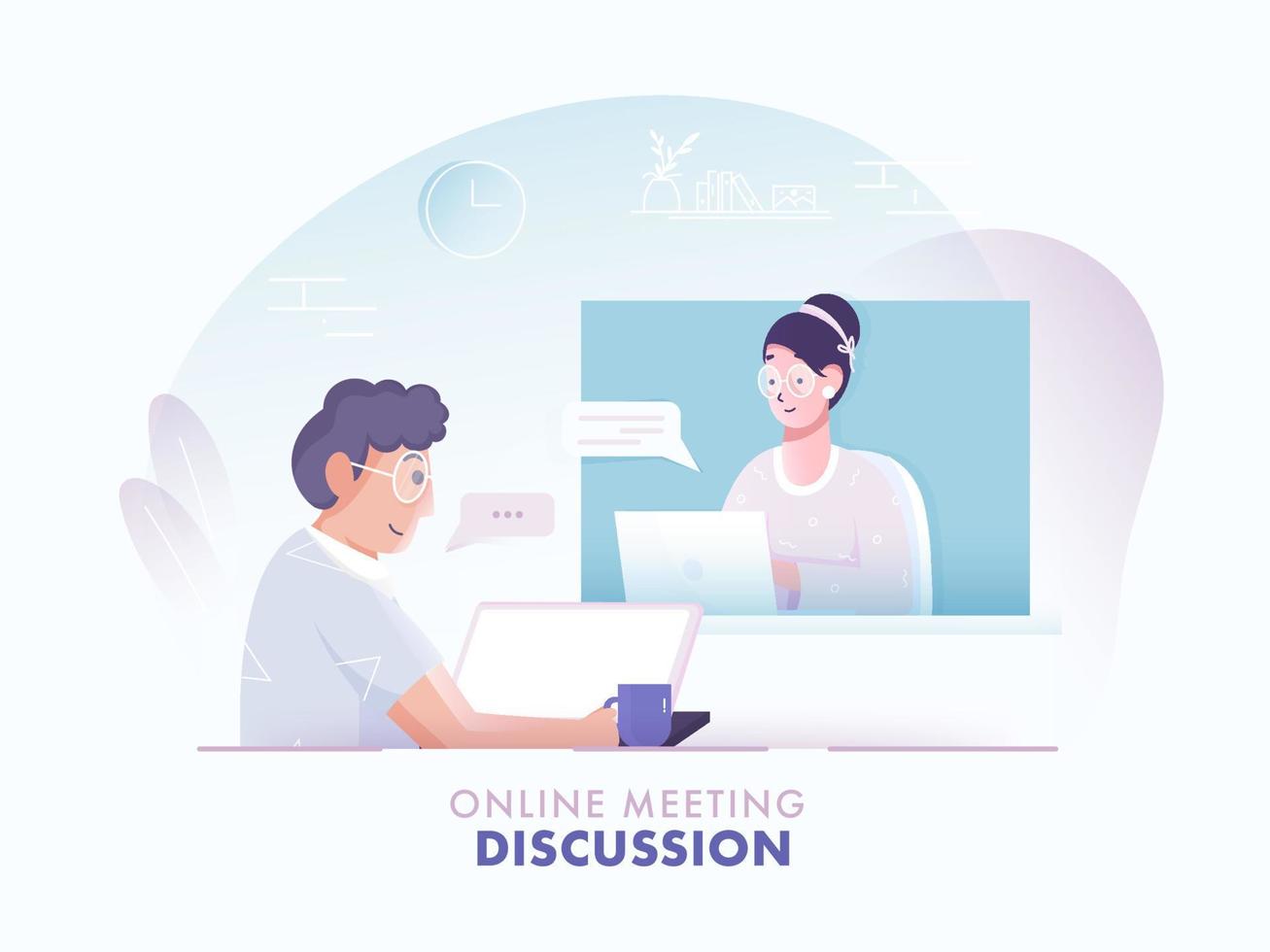 Online Meeting Discussion Concept Based Design, Illustration Of Man Having Video Call To Woman In Laptop On Abstract Background. vector