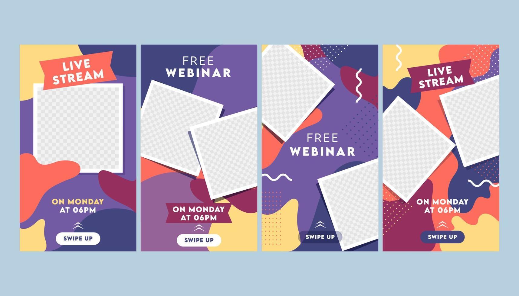 Abstract Colorful Instagram Stories Template or Flyer Layout with Empty Square Frame in Four Options. vector