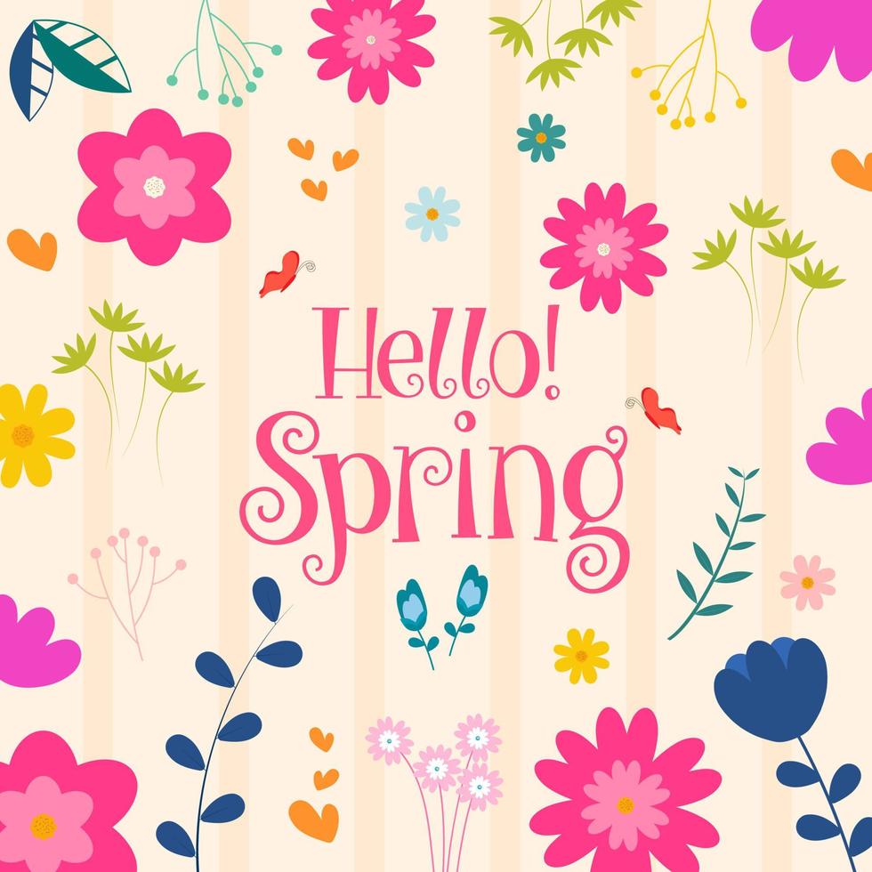 Pink Calligraphy of Hello Spring with Colorful Flowers, Leaves and Butterflies on Strip Background. vector