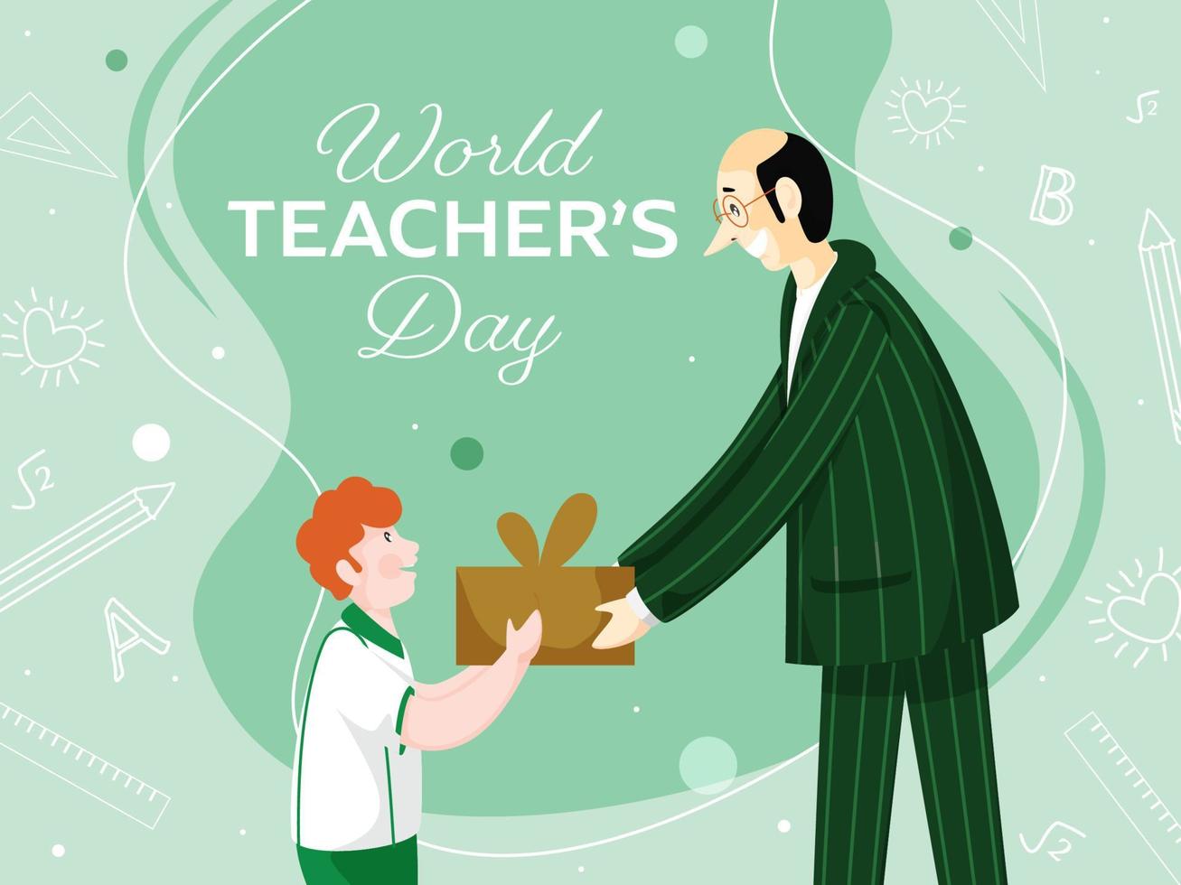 Student Boy Giving Gift to His Class Teacher on Green Education Elements Background for World Teacher's Day. vector