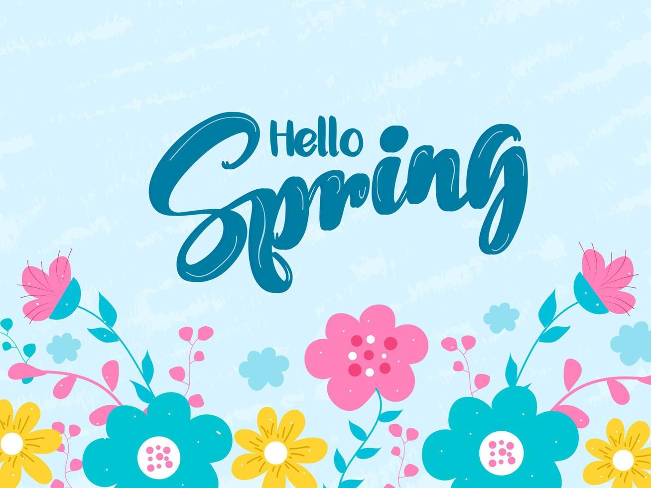 Hola primavera fuente con flores y hojas decorado en azul grunge antecedentes. vector