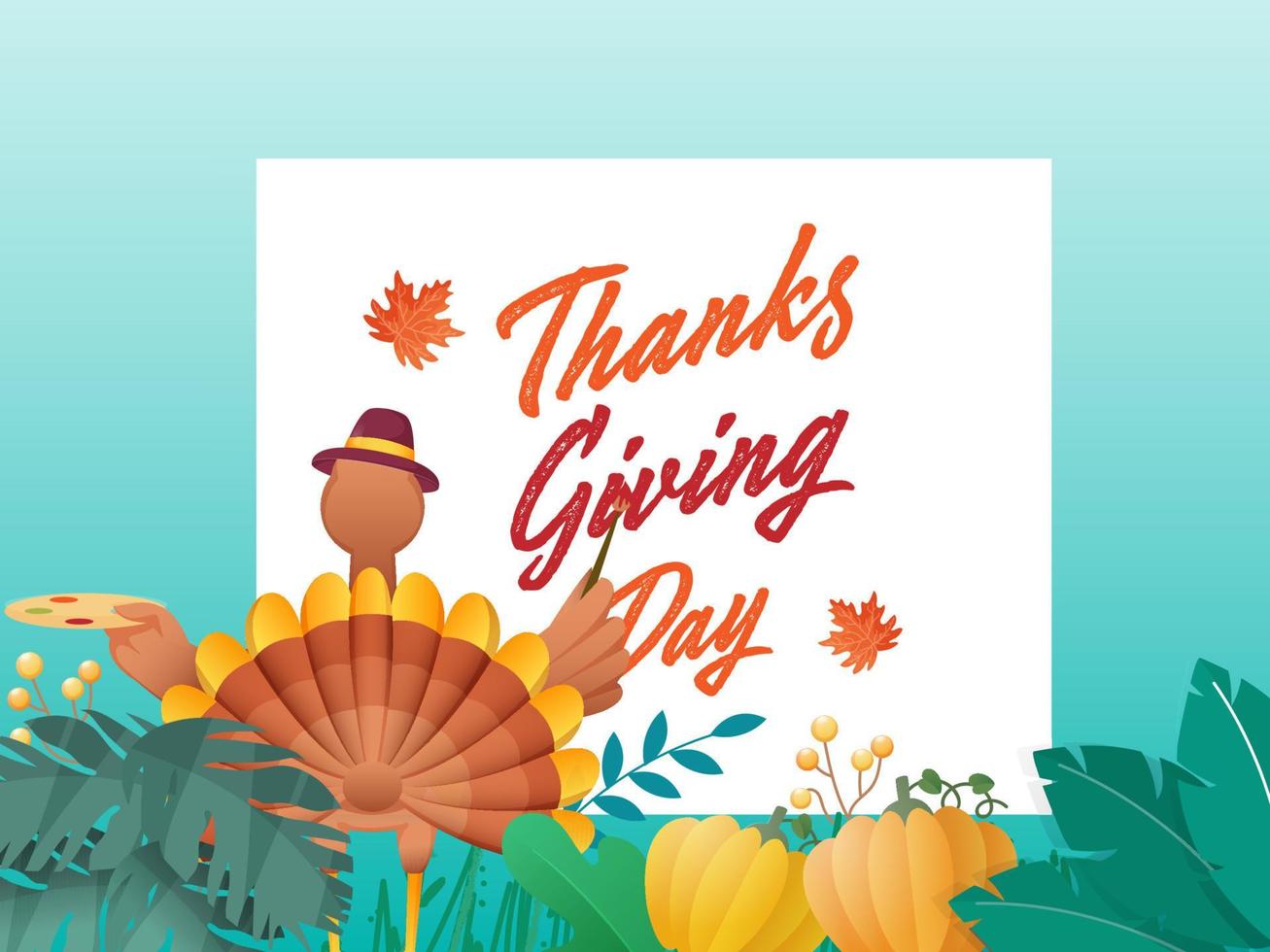 Back View of Turkey Bird Writing Happy Thanksgiving Day Text by Bush on White Paper with Pumpkins and Green Leaves. vector