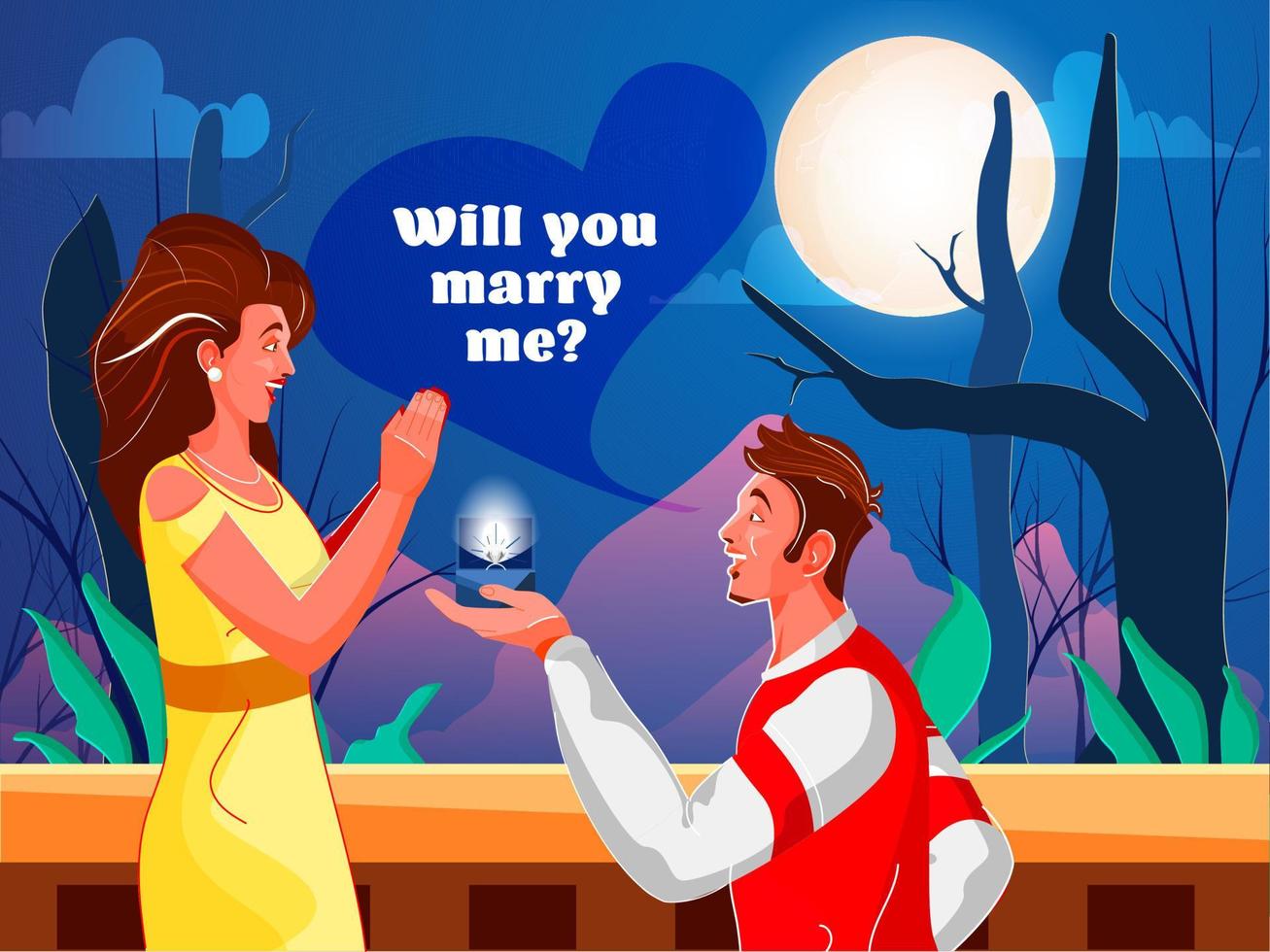 Full Moon Nature Landscape Scene Background with Young Boy Proposing his Girlfriend Saying Will You Marry Me. vector