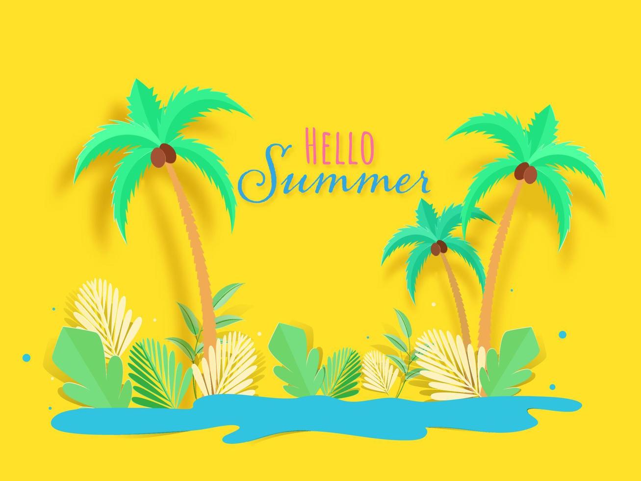 Hello Summer Font with Paper Cut Coconut Trees, Tropical Leaves and Blue Water Splash on Yellow Background. vector