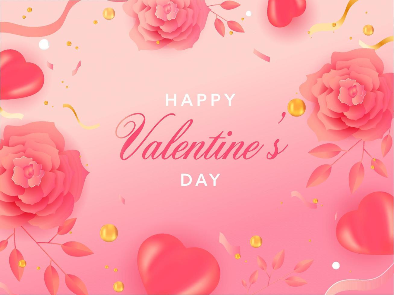 Happy Valentine's Day Text With Top View Rose Flowers, Leaves, 3D Hearts And Ribbon On Glossy Pink Background. vector