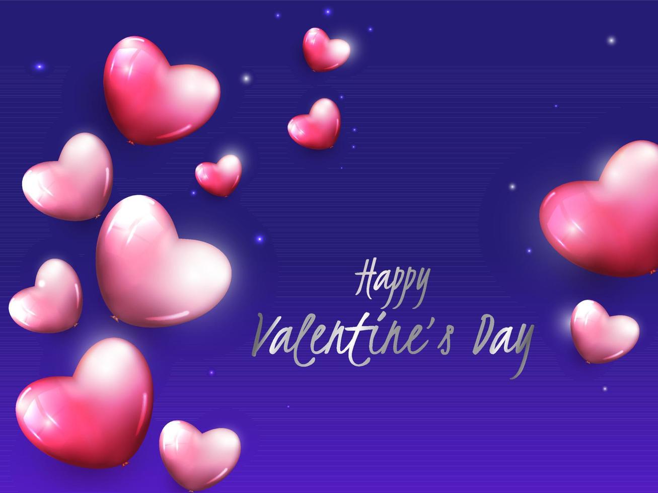 Happy Valentine's Day Font with Heart Shaped Balloons and Light Effect on Blue Background. vector