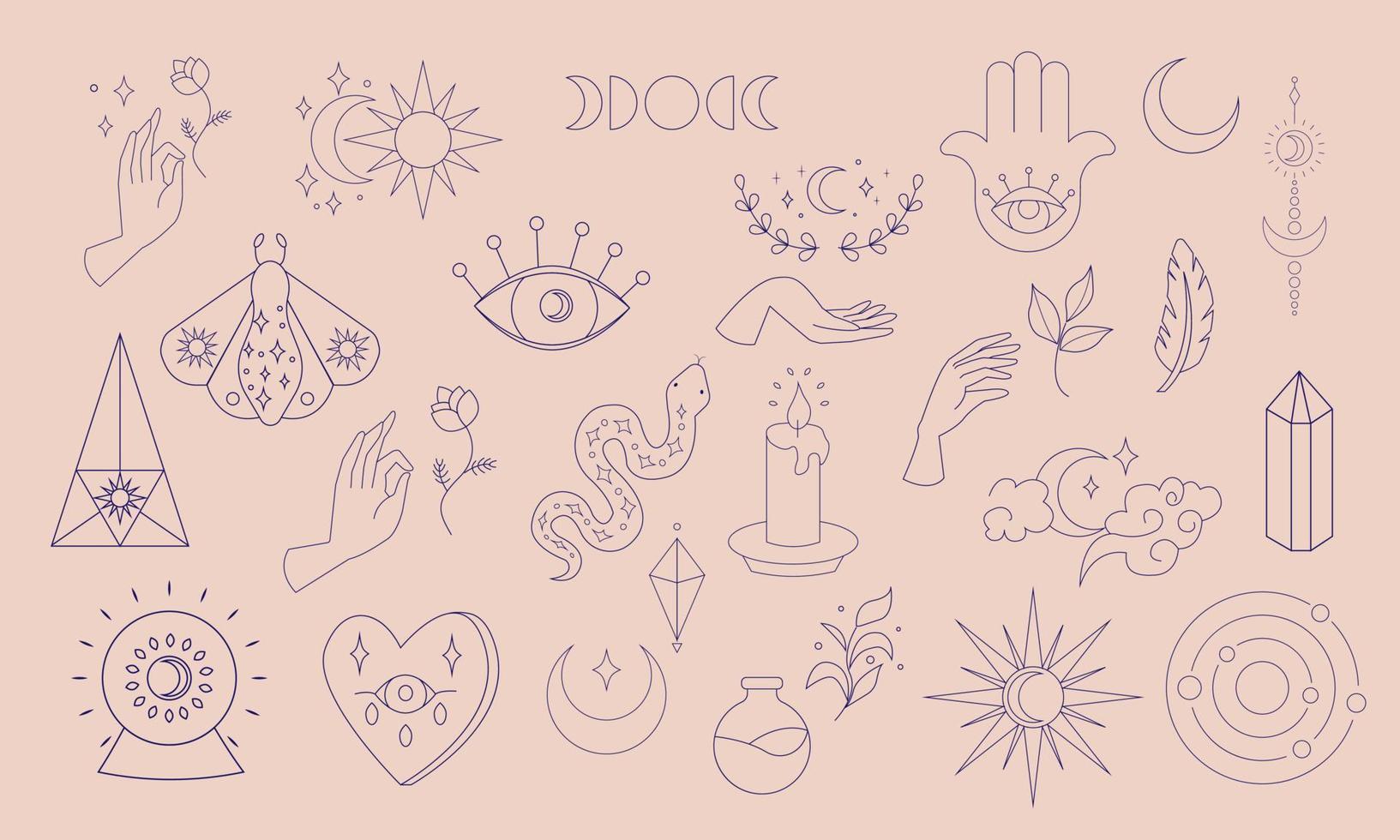 Esoteric elements collection. Magic icons minimalistic symbols, hands and crystals, eyes, stars and moon, flowers vector