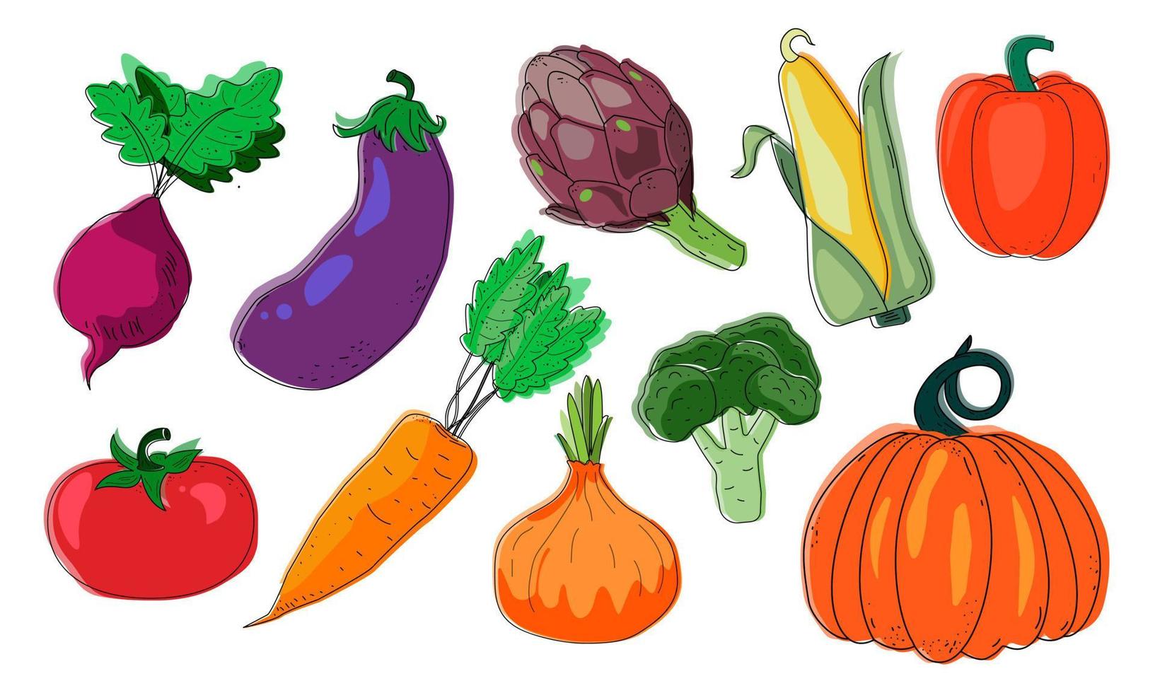 Vector vegetables icons set in cartoon style. Collection farm product for restaurant menu, market label.