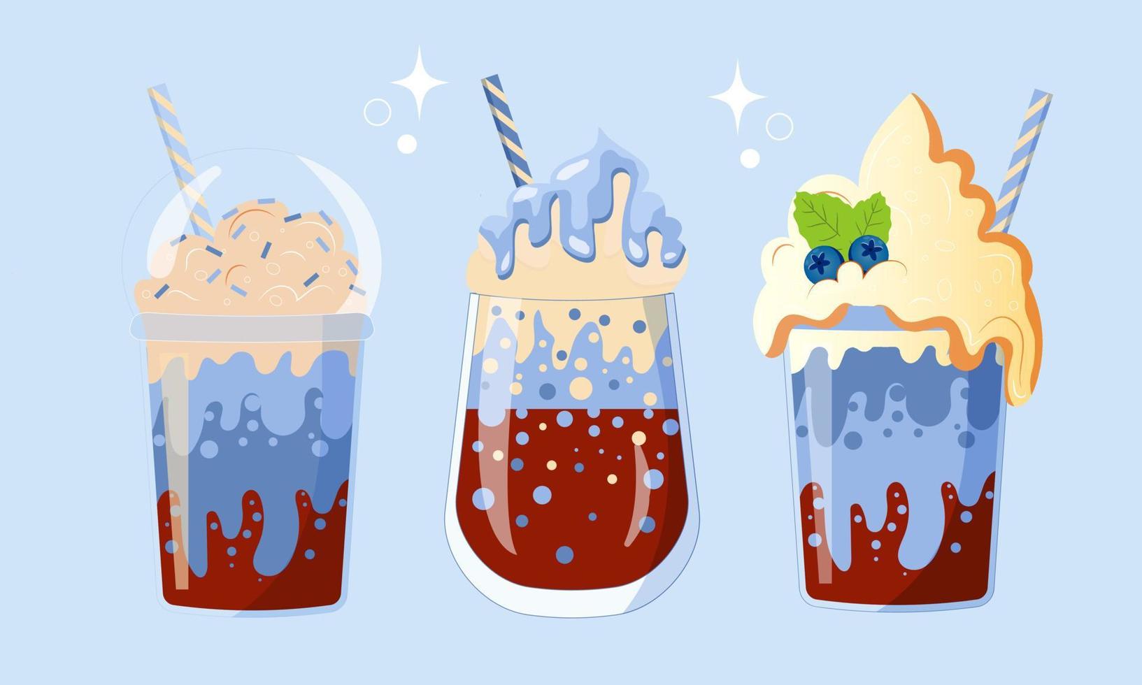 Set of Coffee with blue syrop. Coffe with blueberry, blue background vector