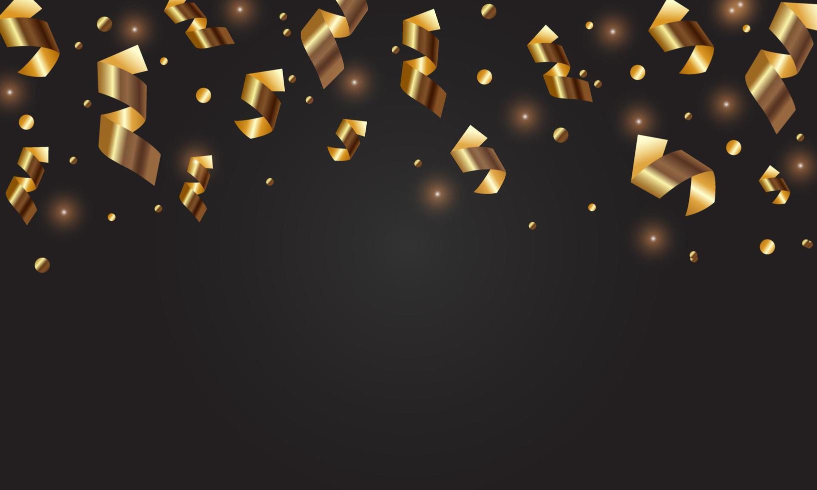 Falling shiny golden confetti isolated on black background. Bright festive tinsel of gold color. vector