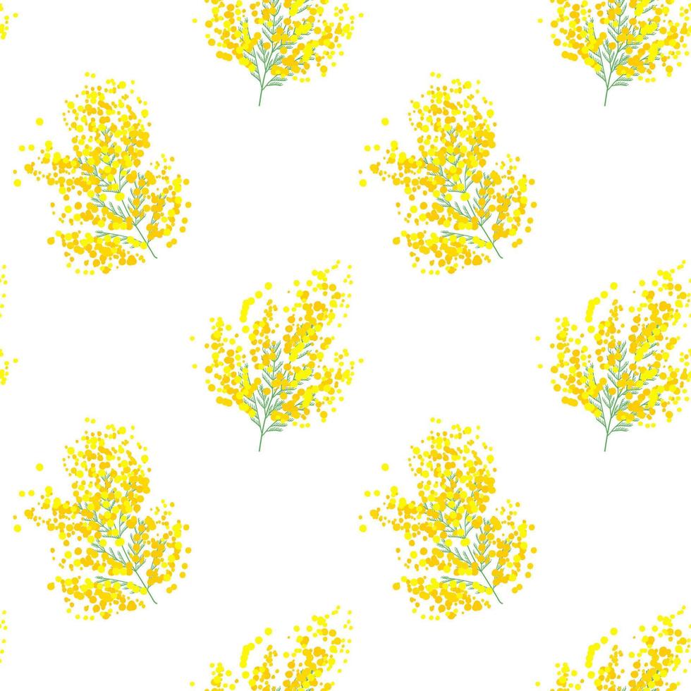 Botanical seamless pattern with yellow mimosa flowers and leaves on white background. Vector illustration for textile print, wallpaper, wrapping paper.