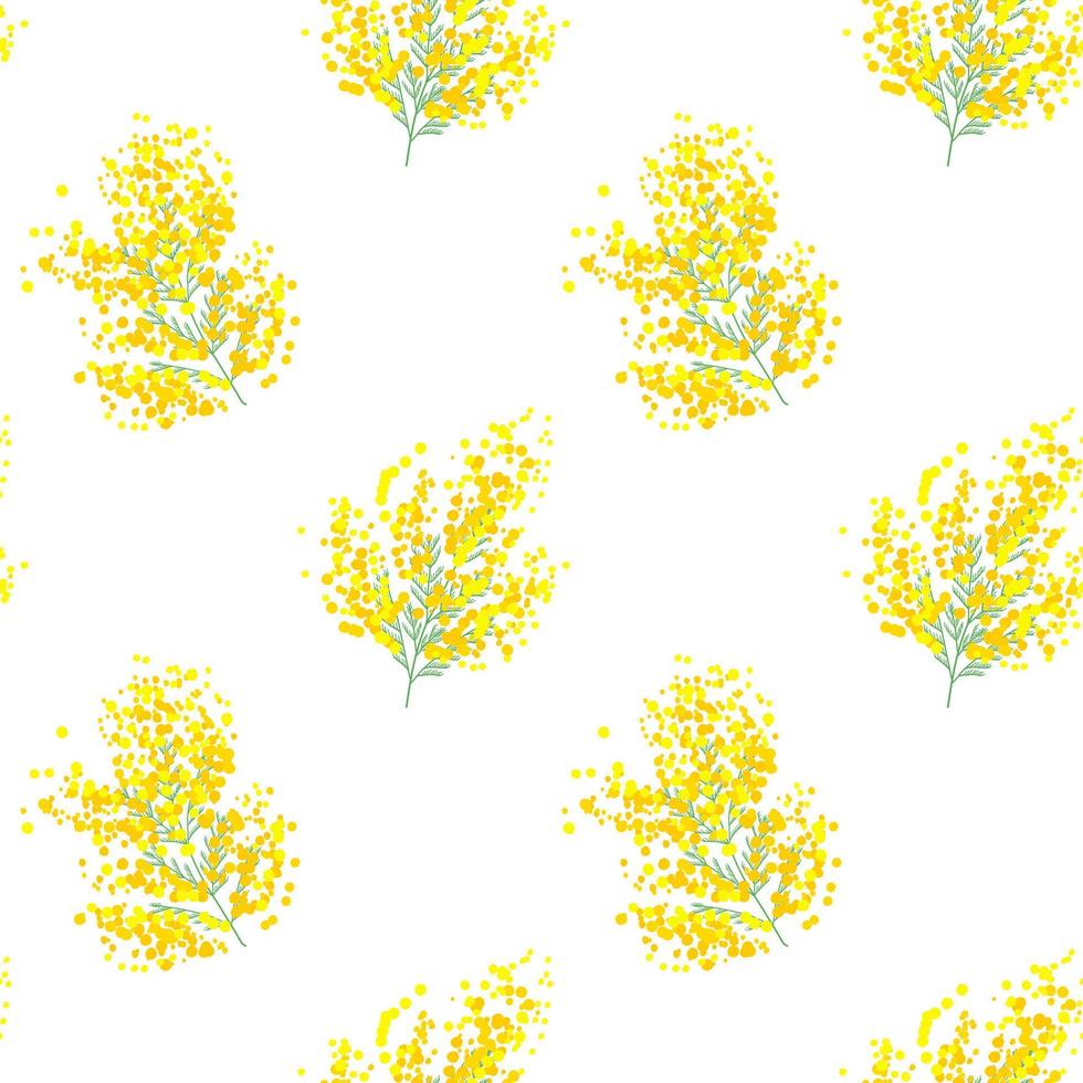 botánico sin costura modelo con amarillo mimosa flores y hojas en blanco antecedentes. vector ilustración para textil imprimir, fondo de pantalla, envase papel.