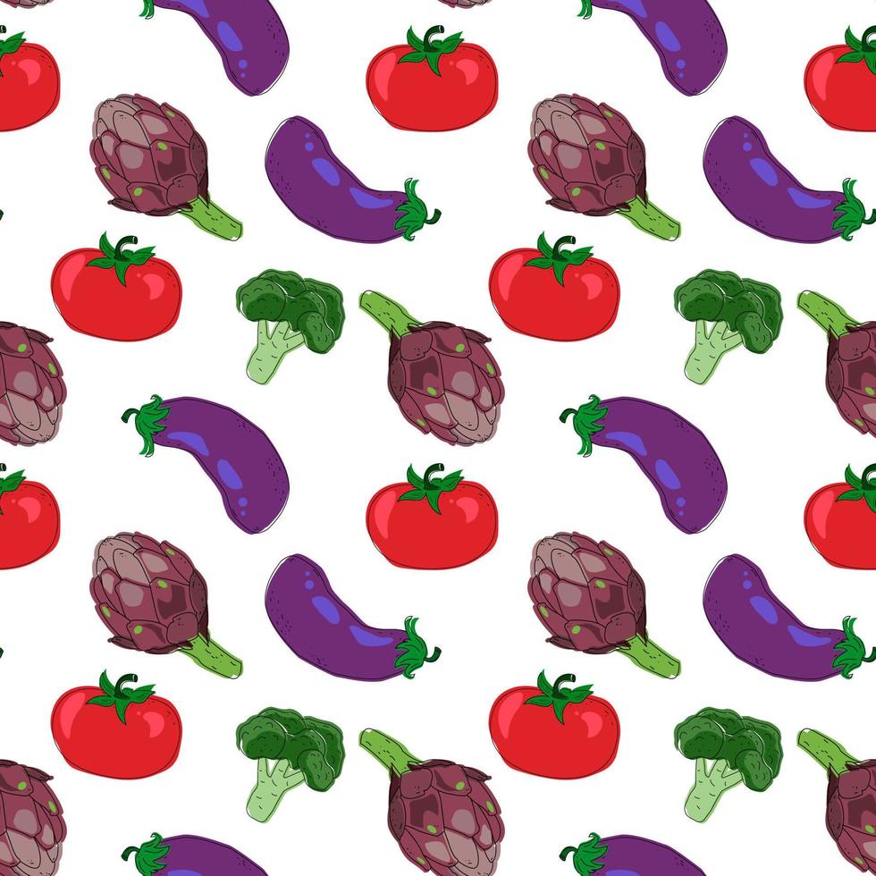 Seamless pattern with hand drawn colorful vegetables. Flat icons broccoli, eggplant, artichoke and tomato. Vegetarian healthy food. vector