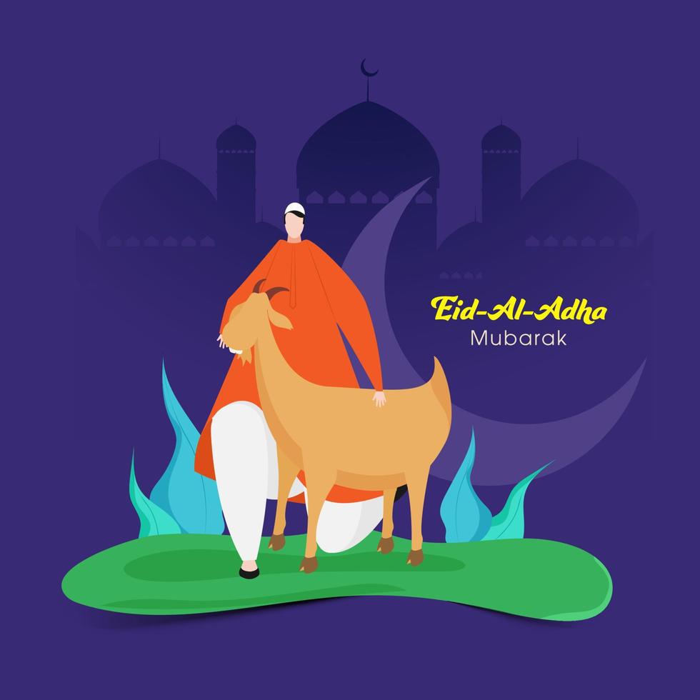 Cartoon Muslim Man with Brown Goat and Crescent Moon on Purple Silhouette Mosque Background for Eid-Al-Adha Mubarak Celebration. vector