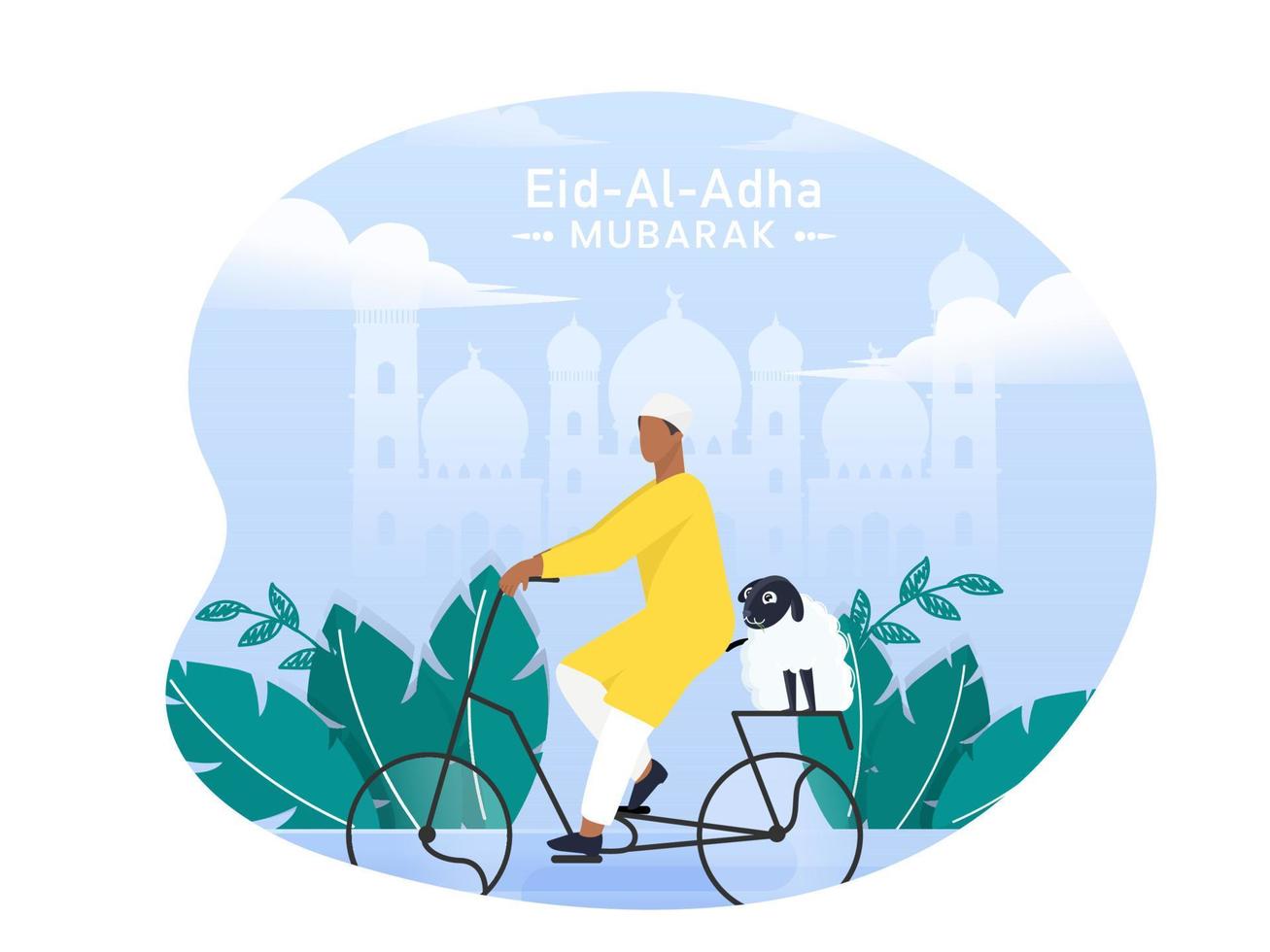 Cartoon Muslim Boy Driving a Bicycle with Sheep and Green Leaves on Glossy Blue Silhouette Mosque Background for Eid-Al-Adha Mubarak Concept. vector