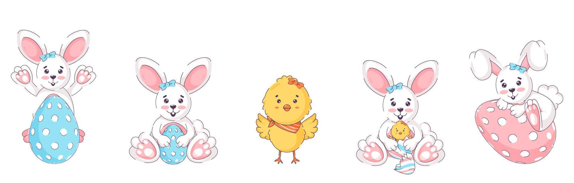 Different Activity Cartoon Rabbit with Printed Eggs and Chick Bird on White Background. vector