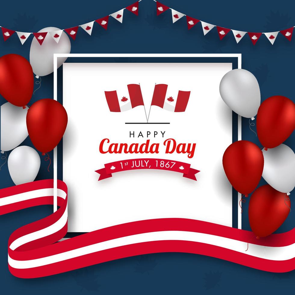 Happy Canada Day Text with Canadian Flags, Wavy Ribbons and Glossy Balloons Decorated on Blue Background. vector