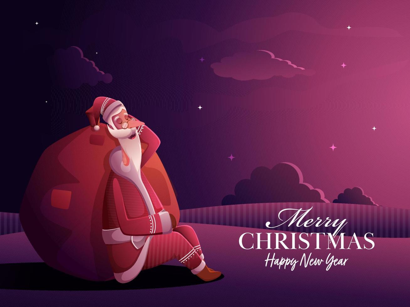 Illustration Of Cartoon Santa Claus Sleeping With Heavy Bag On Gradient Purple Background For Merry Christmas Happy New Year. vector