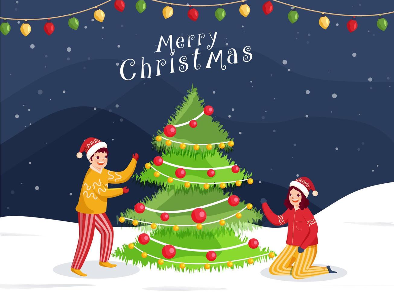 Cheerful Boy and Girl Wearing Woolen Clothes with Decorative Xmas Tree on Snowfall Background for Merry Christmas Celebration. vector