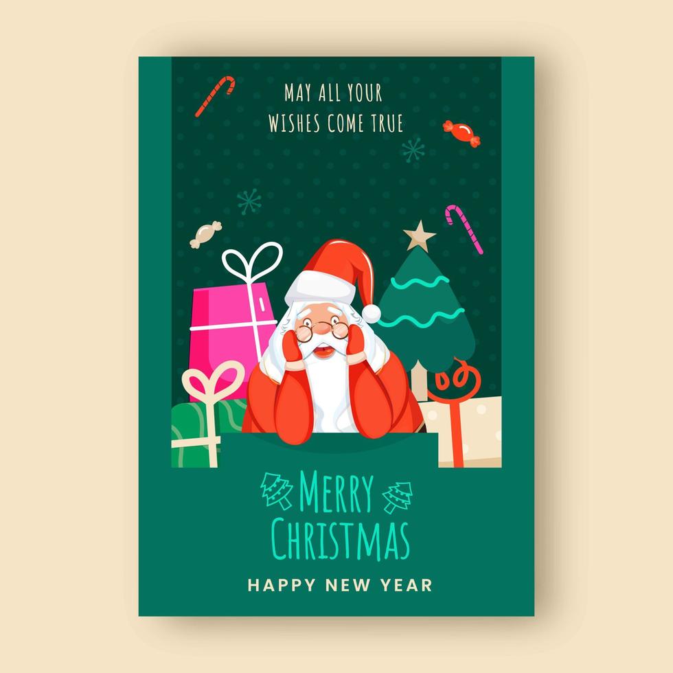 Merry Christmas Happy New Year Template Design With Cartoon Santa Claus, Gift Boxes, Xmas Tree And Candies On Green Background. vector