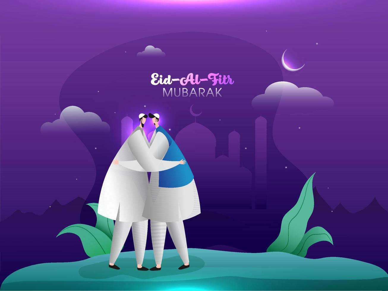 Islamic festival Eid-Al-Fitr Concept with Muslim men hugging and wishing on the occassion, mosque silhouette, moonlight night background. vector