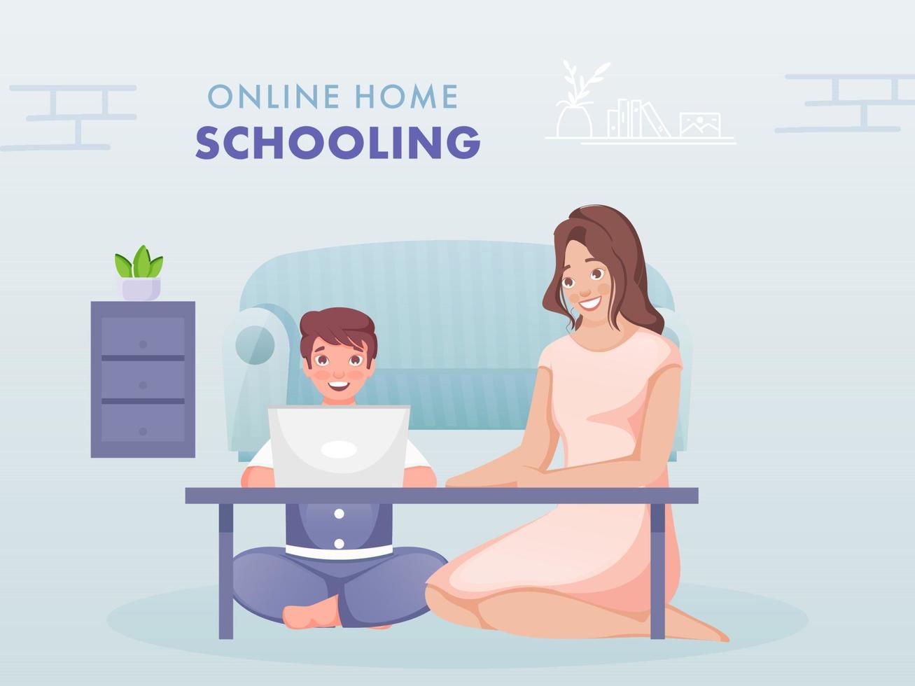 Illustration Of Boy Having Online Study From Laptop Near Modern Woman Sitting in Living Room To Prevent From Coronavirus. vector