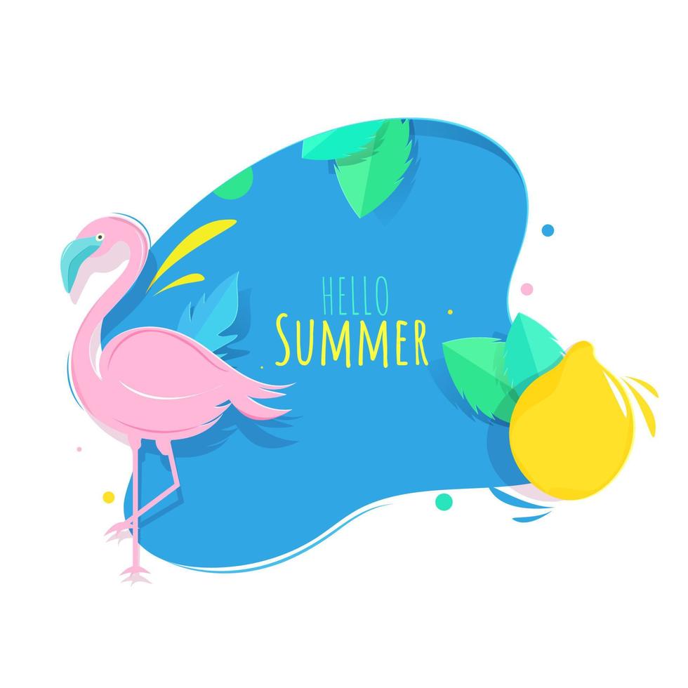 Paper Cut Illustration of Heron Bird with Yellow Lemon and Green Leaves on Abstract Blue and White Background for Hello Summer. vector