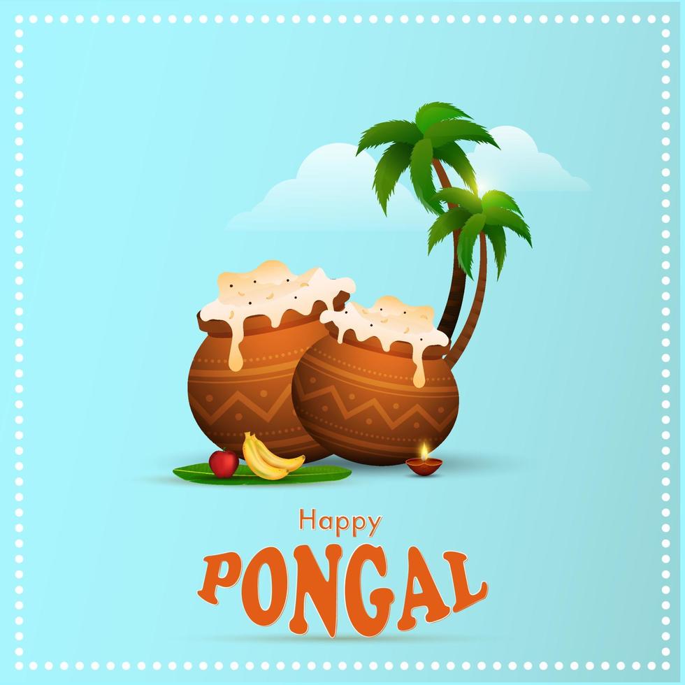 Happy Pongal Celebration Concept With Traditional Dish Mud Pots, Fruits, Palm Or Coconut Trees On Blue Background. vector