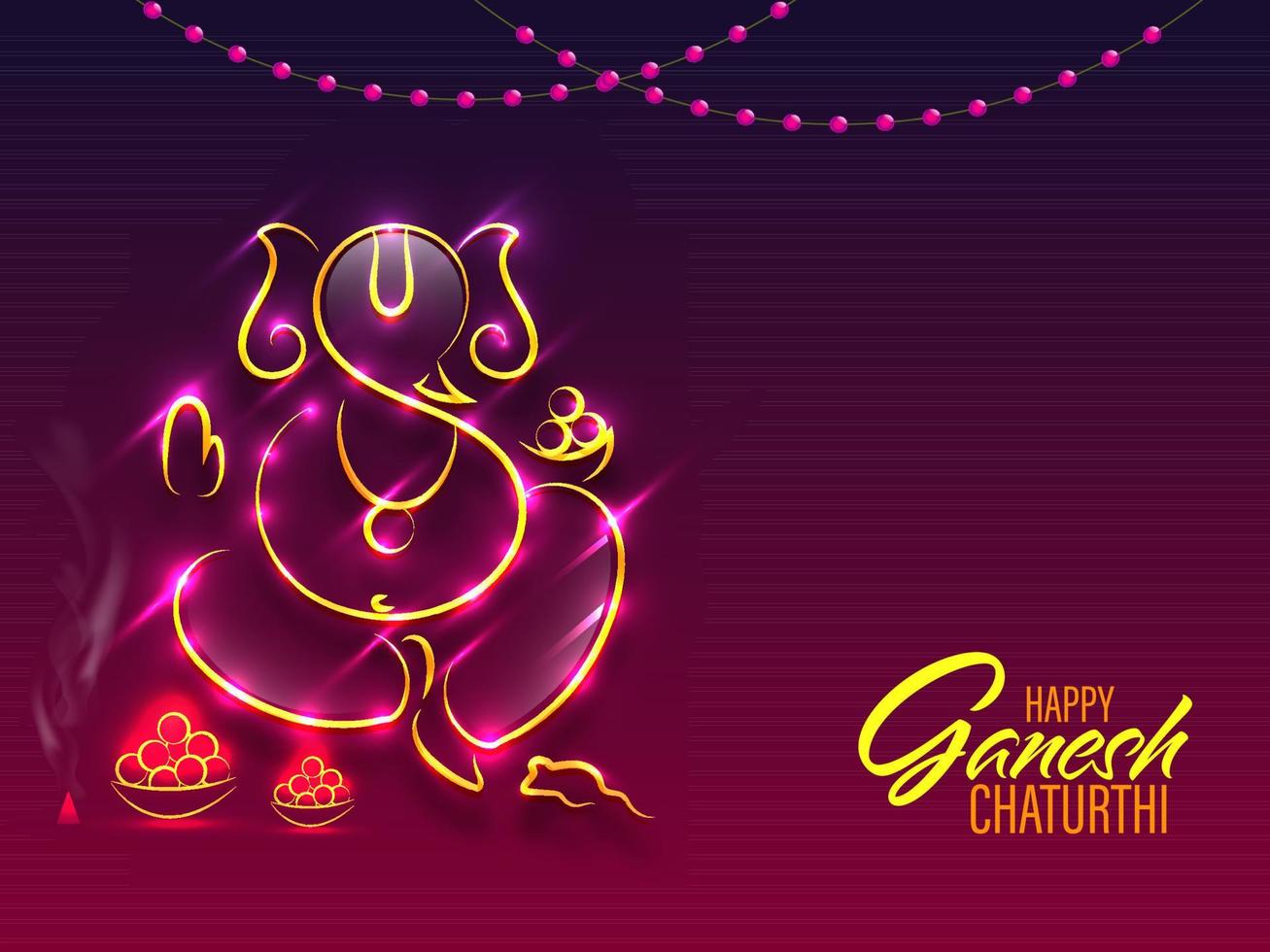 Golden Line Art Lord Ganesha Image With Lights Effect, Rat And Laddu On Gradient Purple Background For Happy Ganesh Chaturthi. vector