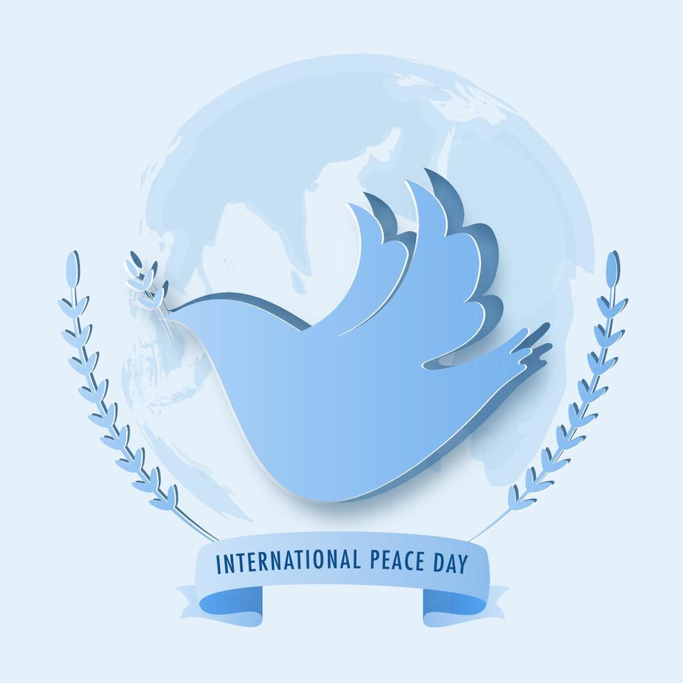 International Peace Day Text Ribbon with Paper Cut Pigeon Bird and Leaf Branches on Light Blue Earth Globe Background. vector