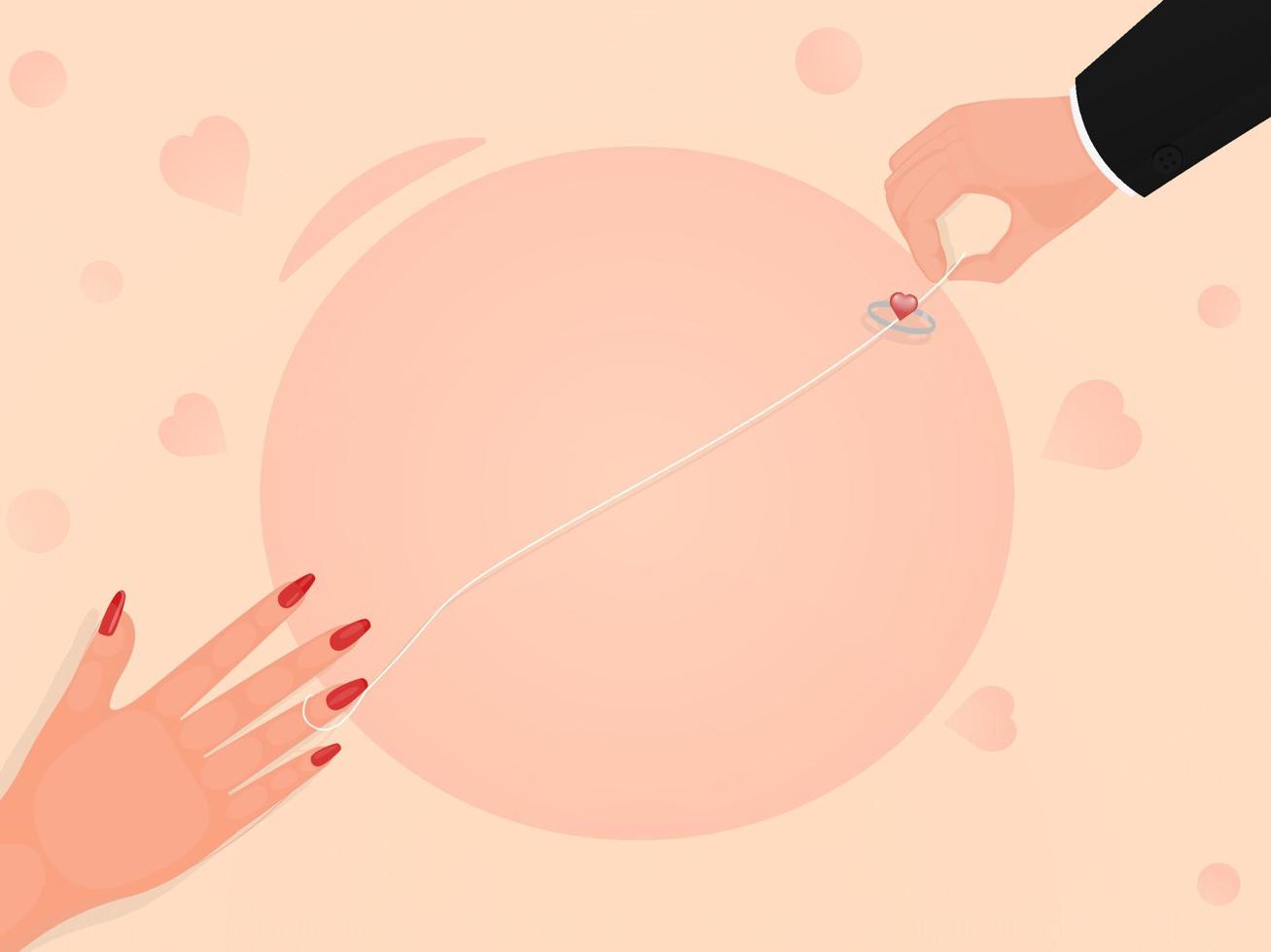 Man Wear Ring To His Lover Through Thread For Proposal Or Engagement Concept. vector