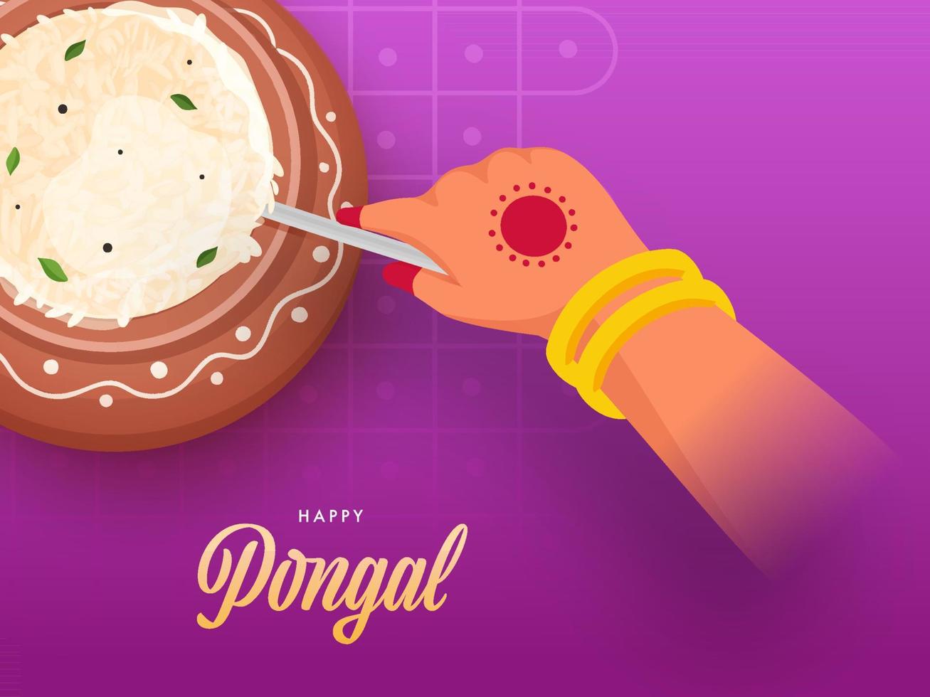 Woman Stirring Boiled Rice In Clay Pot On Magenta Background For Happy Pongal Celebration. vector