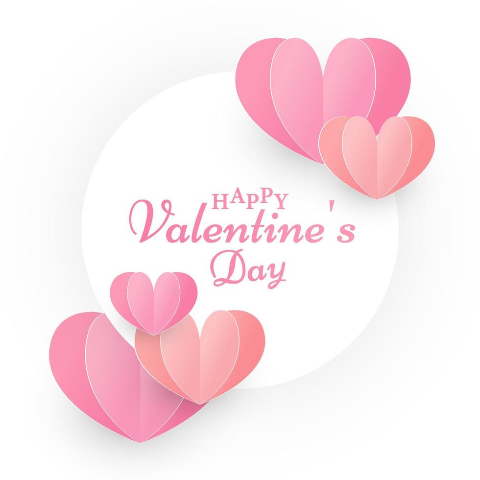 Happy Valentine's Day Calligraphy Text on White Circular Shape Decorated Red and Pink Origami Paper Hearts. vector