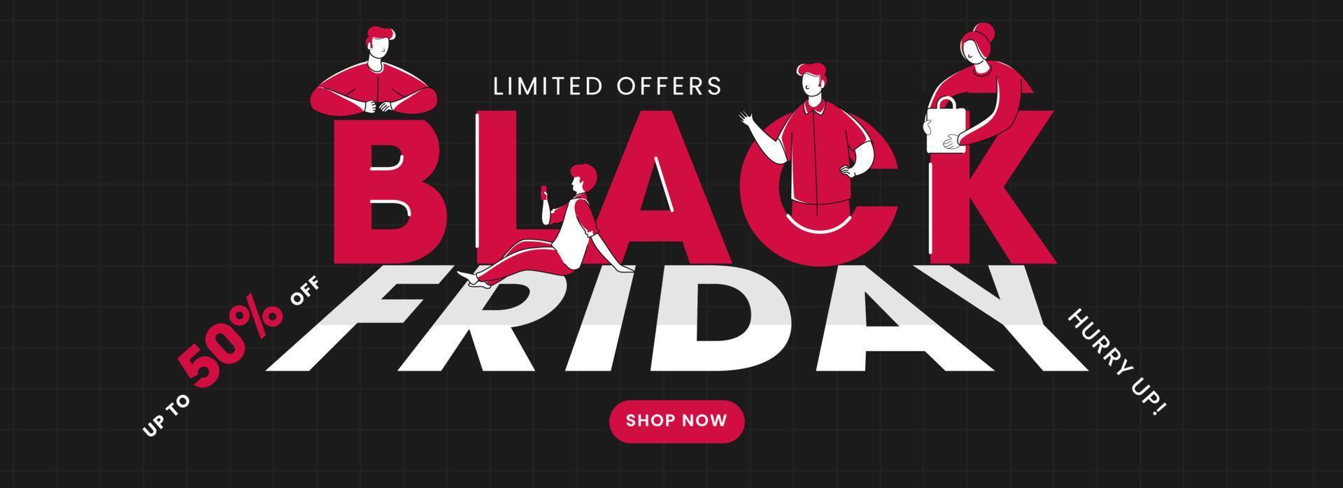 UP TO 50 Off For Black Friday Sale Header Or Banner Design with Cartoon Man and Woman Character. vector