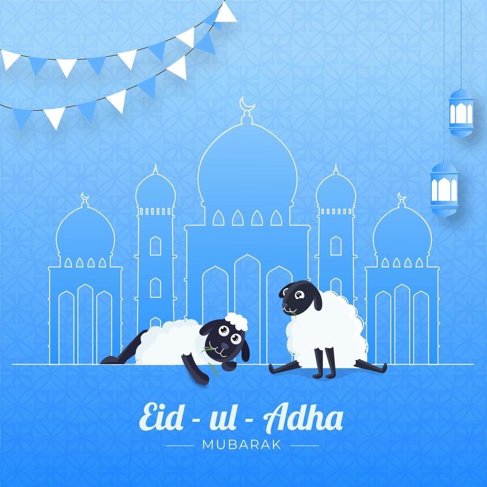 Eid-Ul-Adha Mubarak Concept with Two Cartoon Sheep, Line Art Mosque, Hanging Lanterns and Bunting Flags on Blue Arabic Pattern Background. vector