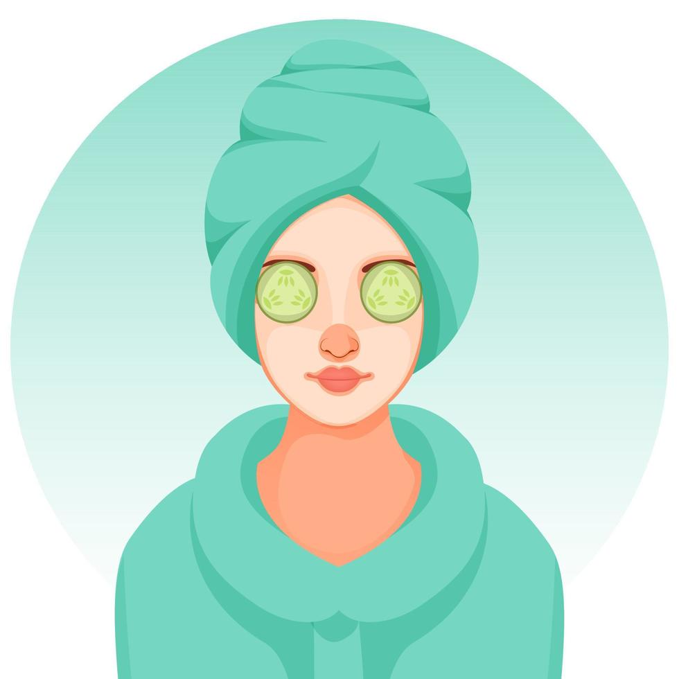 Young Girl Applying Facial Mask on Her Face with Cucumber Slices for Spa Treatment or Salon. vector
