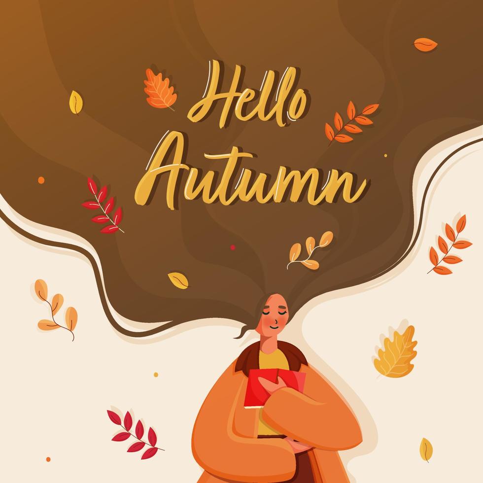 Young Girl Reading a Book with Flowing Long Hair and Leaves Decorated Background for Hello Autumn. vector