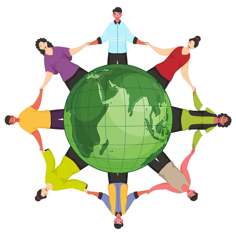 Illustration of People Holding Hands Around The World on White Background for Save Earth Concept. vector