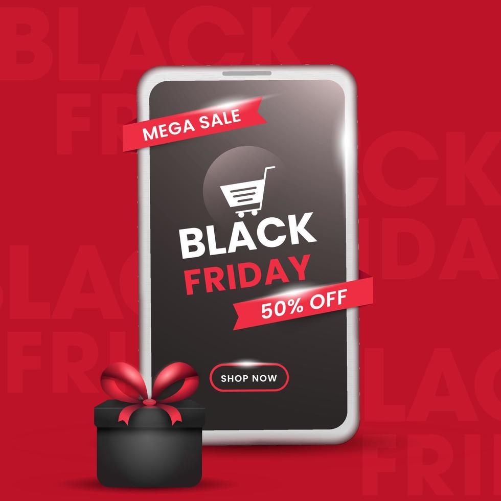 Black Friday Mega Sale Poster Design With 50 Discount Offer, Realistic Gift Box And Smartphone On Red Background. vector