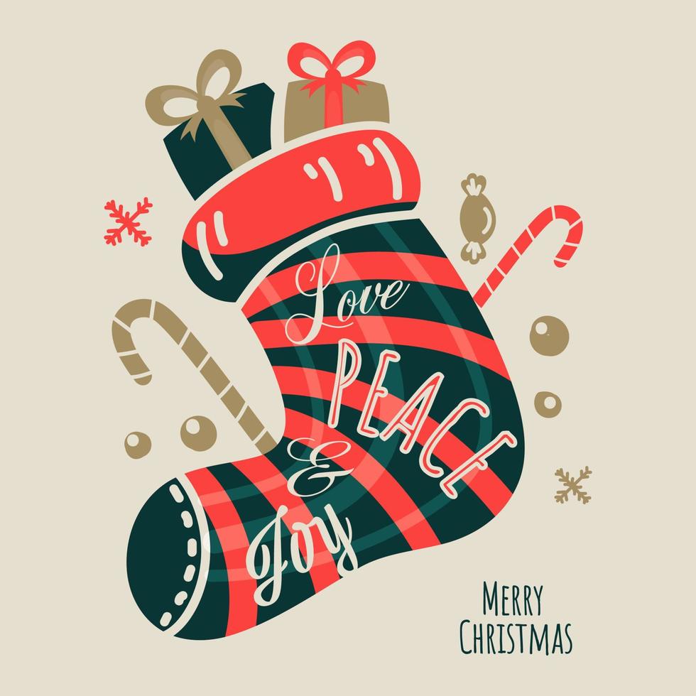 Vector Illustration of Santa Sock Full of Gift Boxes with Candies, Snowflakes and Love Peace and Joy Text on Beige Background for Merry Christmas.