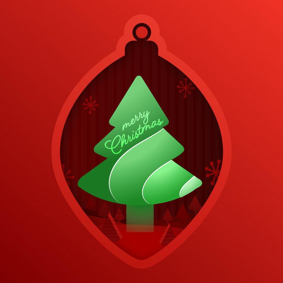 Red Paper Cut Bauble Shape Background with Snowflakes and Green Xmas Tree for Merry Christmas Celebration. vector