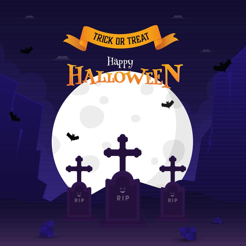 Happy Halloween Celebration Poster Design with RIP Stones and Full Moon on Blue and Purple Background. vector