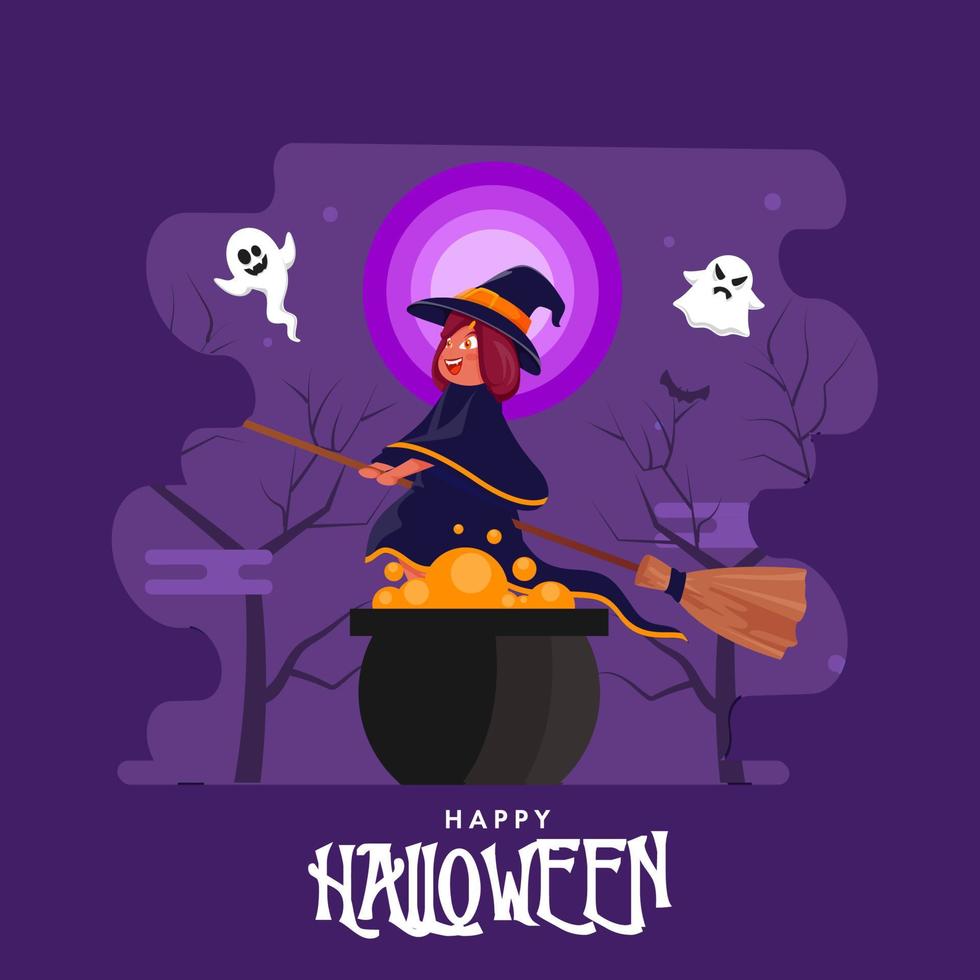 Happy Halloween Celebration Poster Design with Cartoon Witch Flying at Broomstick, Ghosts and Cauldron on Purple Bare Trees Background. vector