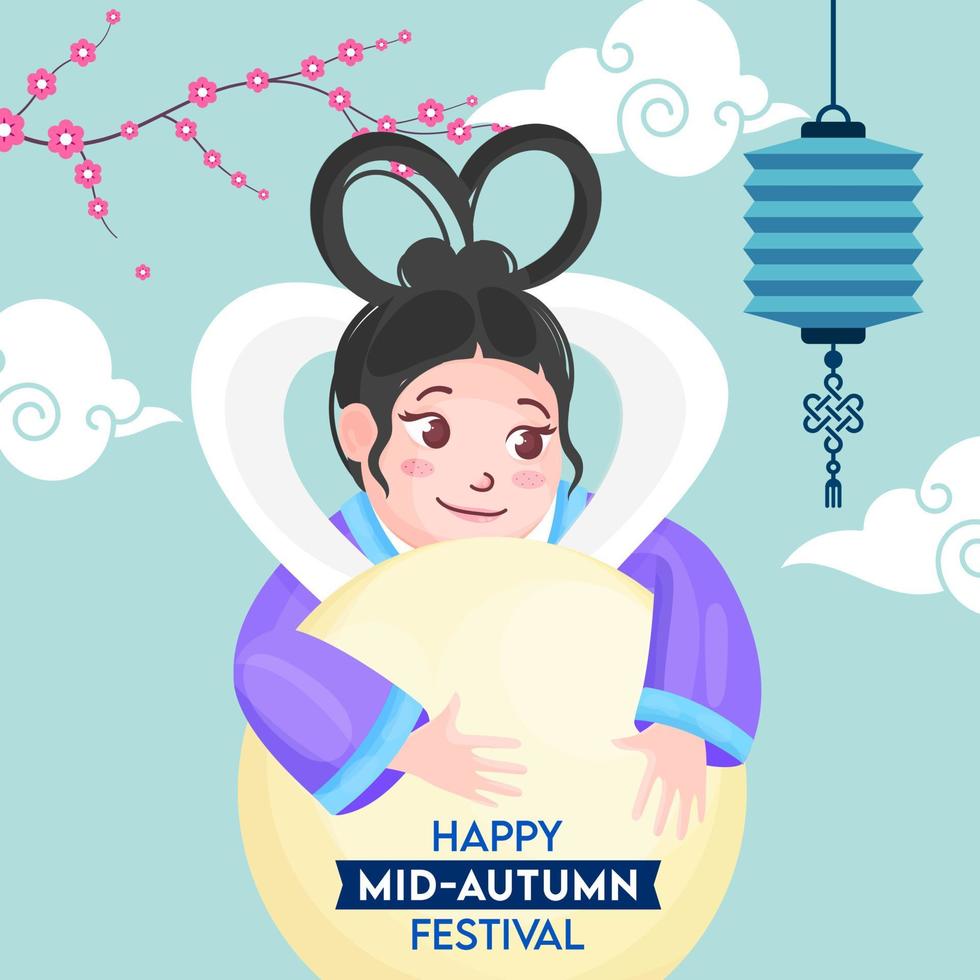 chino diosa de Luna personaje con colgando linterna, nubes y sakura flor rama decorado antecedentes para contento mediados de otoño festival. vector