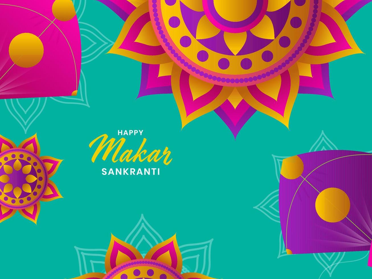 Colorful Floral Pattern Or Rangoli And Kites Decorated On Green Background For Happy Makar Sankranti. vector