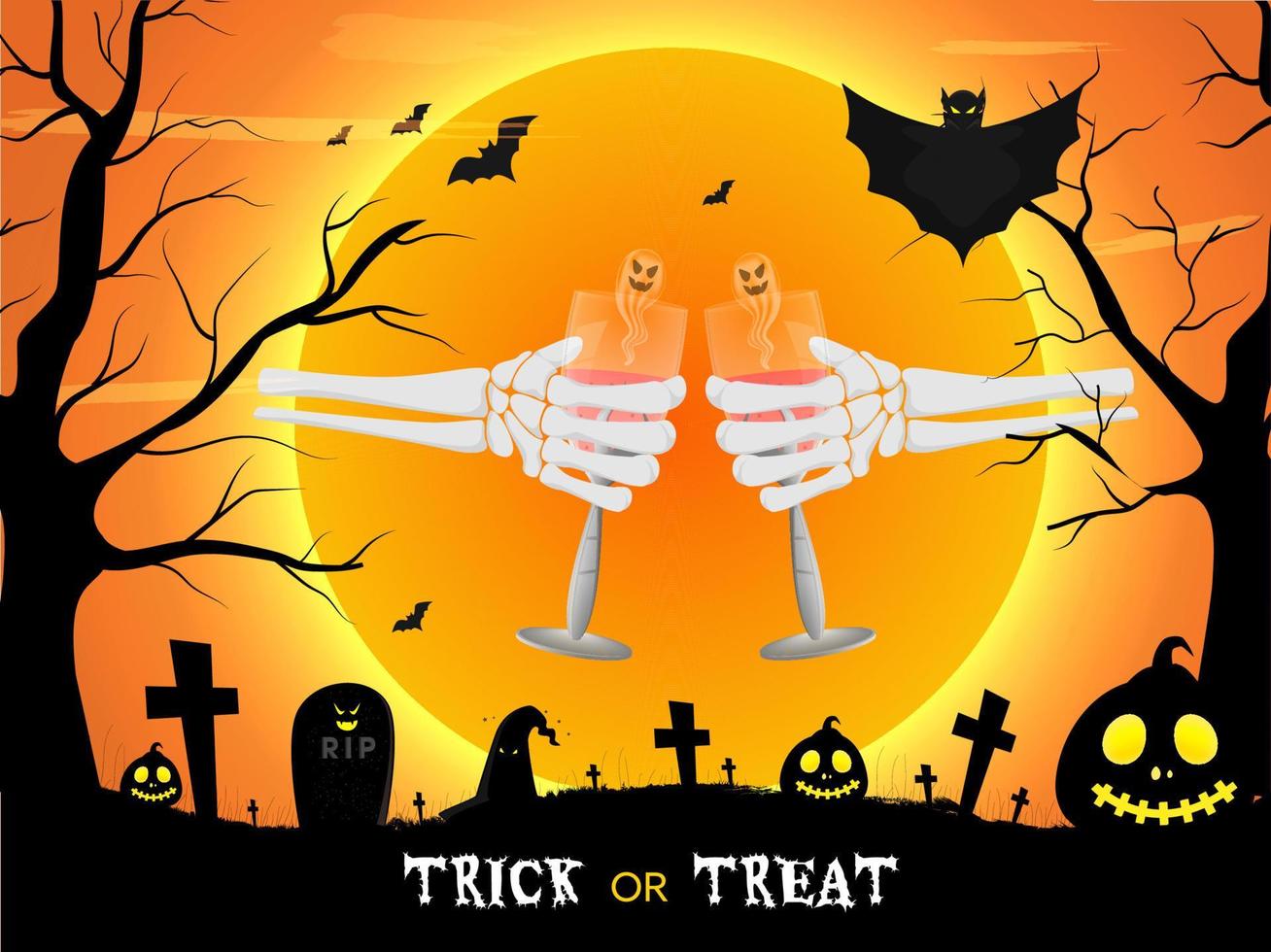 Full Moon Graveyard View Background with Bats Flying, Jack-O-Lanterns and Skeleton Hands Holding Drink Glass for Trick Or Treat. vector