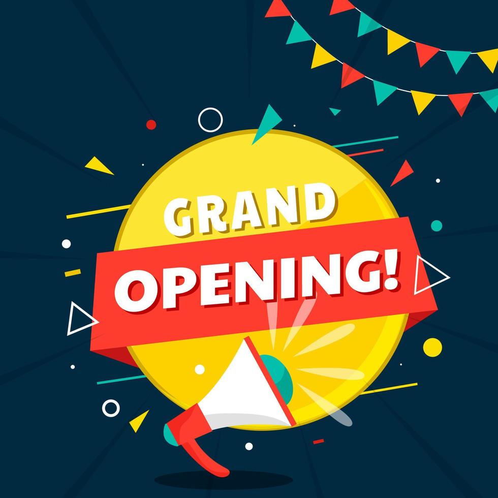 Grand Opening Label, Sticker with Loudspeaker and Geometric Elements on Navy Dark Blue Background. vector